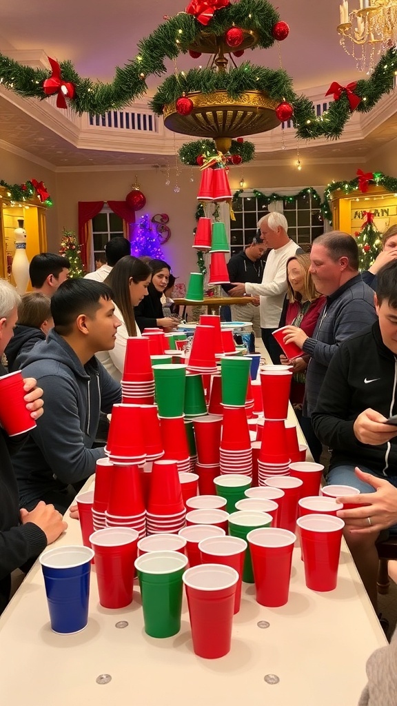 People enjoying Christmas games with solo cups at a festive holiday party.